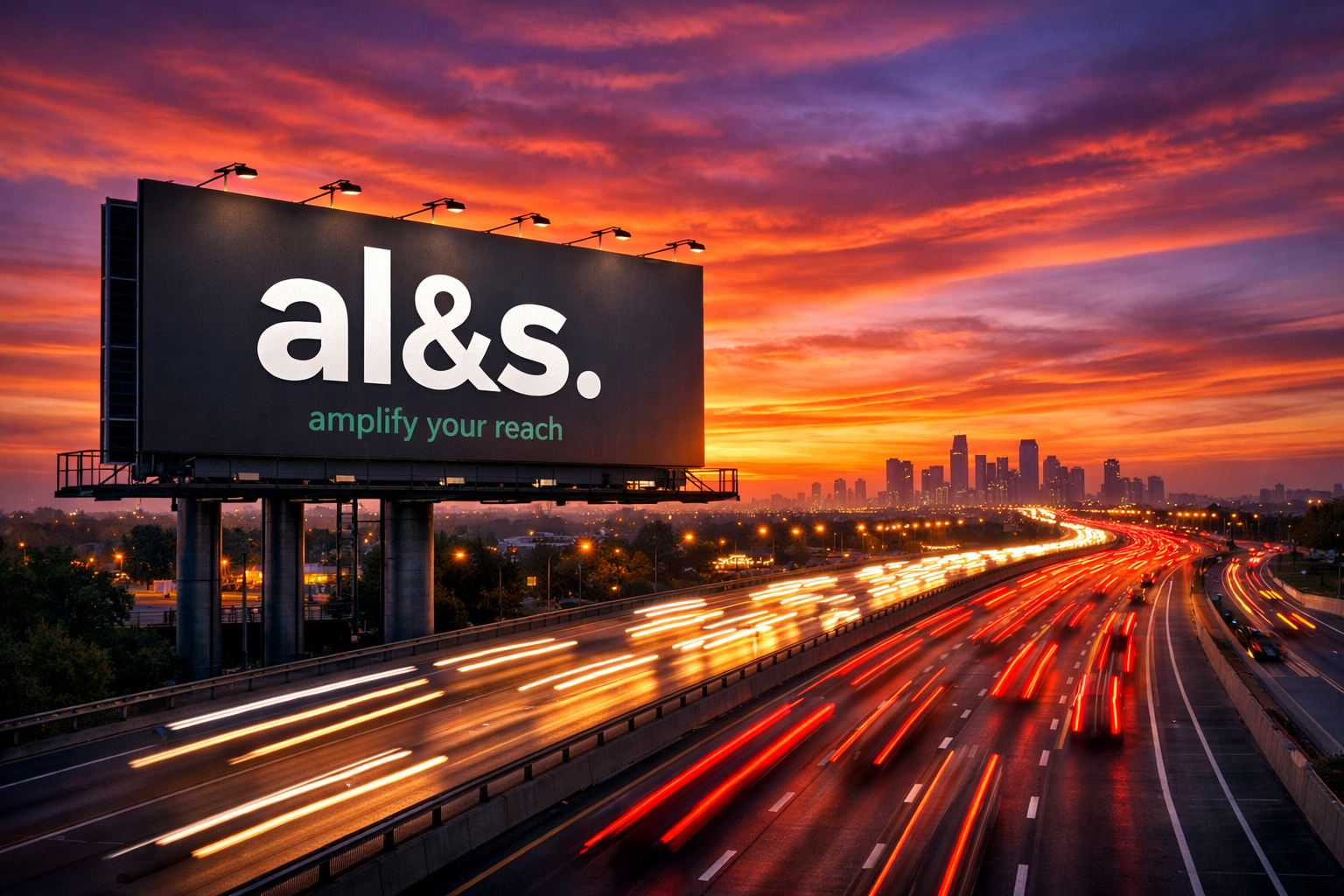 AL&S Media branded billboard on highway at sunset